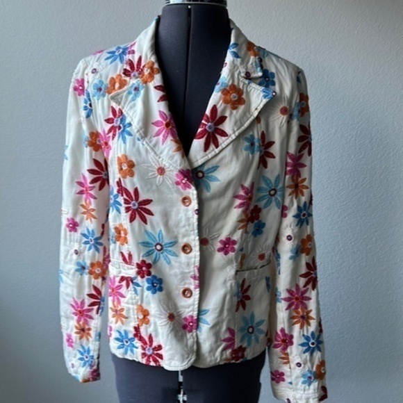 Johnny Was Jacket Tan Blazer Embroidered Floral Multicolored Size Medium
